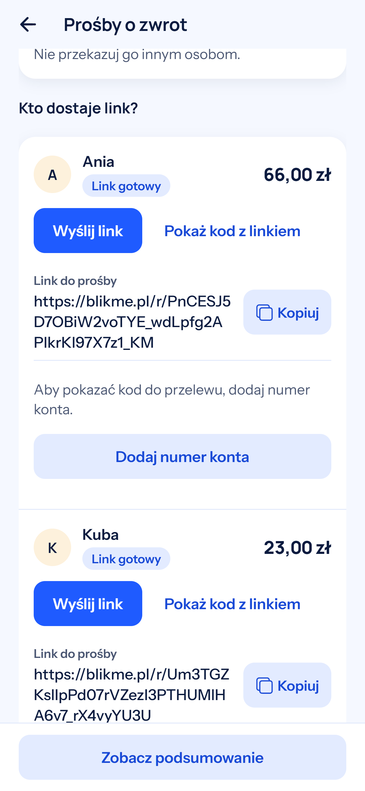 Udostępnianie rachunku „Kolacja u Giovanniego”: osobne kwoty i linki dla Ani, Kuby i Oli.